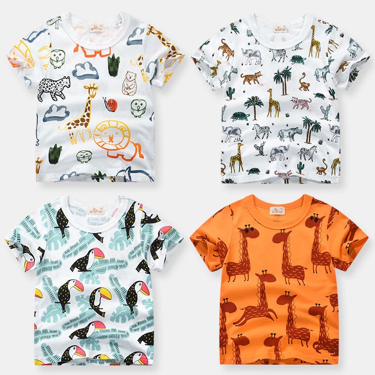 Kids Clothing Boy Summer Short Sleeve Pure Cotton Cartoon Animal Print T-shirt Children's Fashion Clothe Boys Top
